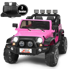 12V 2 Seater Kids Ride On Truck with Lockable Doors, Handrail, 19 Inch Bench Seat and Parental Remote, 110 lb Capacity, Pink