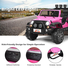 12V 2 Seater Kids Ride On Truck with Lockable Doors, Handrail, 19 Inch Bench Seat and Parental Remote, 110 lb Capacity, Pink