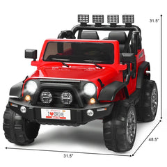 12V 2 Seater Kids Ride On Truck with Front Engine Box, Rear Storage, Parental Remote and LED Lights, 110 lb Capacity, Red