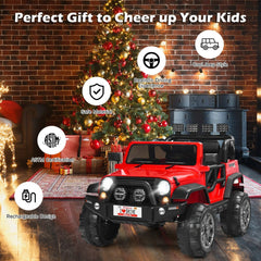 12V 2 Seater Kids Ride On Truck with Front Engine Box, Rear Storage, Parental Remote and LED Lights, 110 lb Capacity, Red