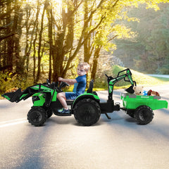 12V 3 in 1 Kids Ride On Excavator with Shovel Bucket, Digging Bucket and Trailer, Parental Remote, 66 lb Limit, Green