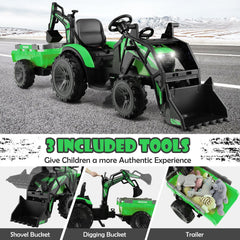 12V 3 in 1 Kids Ride On Excavator with Shovel Bucket, Digging Bucket and Trailer, Parental Remote, 66 lb Limit, Green