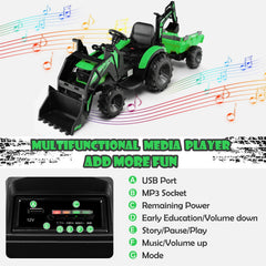 12V 3 in 1 Kids Ride On Excavator with Shovel Bucket, Digging Bucket and Trailer, Parental Remote, 66 lb Limit, Green