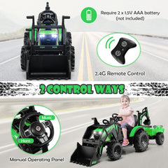 12V 3 in 1 Kids Ride On Excavator with Shovel Bucket, Digging Bucket and Trailer, Parental Remote, 66 lb Limit, Green
