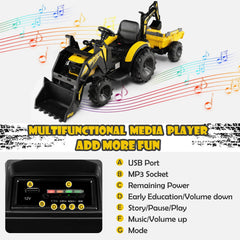 12V 3 in 1 Kids Ride On Excavator, Yellow, with Shovel Bucket, Digging Arm, Trailer, 2.4G Remote and 12V 10Ah Battery