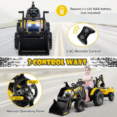 12V 3 in 1 Kids Ride On Excavator, Yellow, with Shovel Bucket, Digging Arm, Trailer, 2.4G Remote and 12V 10Ah Battery