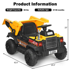 12V Kids Ride On Dump Truck with Electric Dump Bed, Detachable Shovel, Parental Remote and Seat Belt, 66 lb Limit, Yellow