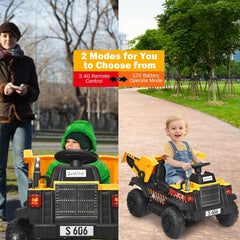 12V Kids Ride On Dump Truck with Electric Dump Bed, Detachable Shovel, Parental Remote and Seat Belt, 66 lb Limit, Yellow