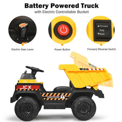 12V Kids Ride On Dump Truck with Electric Dump Bed, Detachable Shovel, Parental Remote and Seat Belt, 66 lb Limit, Yellow