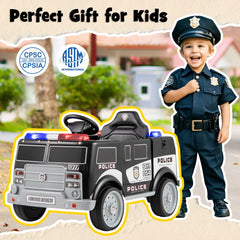 12V Kids Ride On Police Car with Working Megaphone, Siren, Flashing Lights, Lockable Storage and Parent Remote, Black