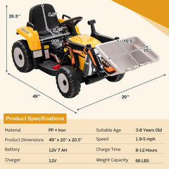 12V Kids Ride On Excavator with Adjustable Arm and Bucket, Parent Remote, Seat Belt and 66 lb Limit, Ages 3 to 8, Yellow