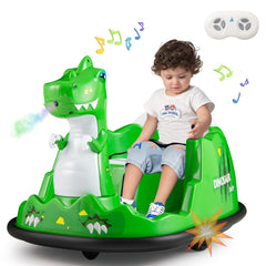 12V Kids Ride On Dinosaur Bumper Car with Water Spray, 360 Degree Spin, Soft Bumper and Parent Remote, Ages 2 to 5, Green