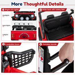 12V 2 Seater Kids Ride On Truck with 2 x 45W Motors, 4 Wheel Spring Suspension, Lockable Doors and Parent Remote, Red