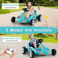 12V Kids Electric Go Kart with 3 Racing Flags, Dual Motors, LED Lights, Story and Music Player, Parent Remote, Blue