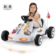 12V Kids Electric Go Kart, 1.6 to 2.5 mph, 2 Motors, Anti Skid Wheels for Grass and Brick, 3 Flags, Parent Remote, White