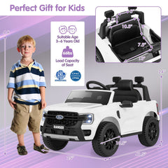 12V Licensed Ford Ranger Kids Ride On Truck with Multi Media Player, USB, Stories, Parent Remote and Headrest Seat, White
