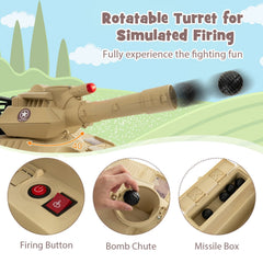 12V Kids Ride On Tank with Rotatable Turret, 8 Missiles, Rubber Tracks, Seat Belt and Parent Remote, Ages 37 to 95 Months, Khaki