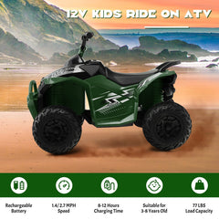 12V Kids Ride On ATV Quad with Quiet Non Slip Wheels for Lawn and Beach, 77 lb Capacity, High and Low Speed, Army Green