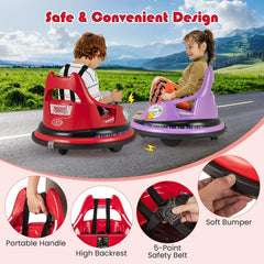 12V Kids Ride On Bumper Car with Slow Start and Slow Stop, 5 Point Belt, 360 Spin and Parent Remote, 66 lb, Red