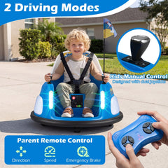 12V Kids Ride On Bumper Car with Pennant Flag, 5 Point Belt, Glow Lights and Parent Remote, 55 lb, Ages 18 to 72 Months, Blue
