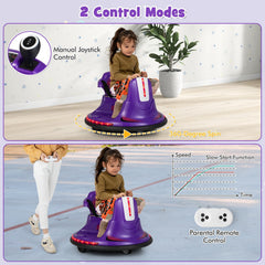 12V Kids Ride On Bumper Car, Remote Takes Priority Over the Joysticks, 360 Spin, Soft Bumper, 66 lb, Purple