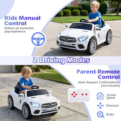 12V Licensed Mercedes-Benz SL Kids Ride On Car with Dual 25W Motors, Battery Indicator and Parent Remote, 66 lb, White