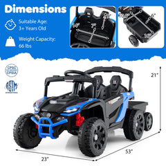 12V Kids Ride On UTV with Detachable Trailer, Dual 25W Motors, 2 Shock Absorbers and Parent Remote, 66 lb Limit, Black and Blue
