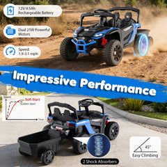 12V Kids Ride On UTV with Detachable Trailer, Dual 25W Motors, 2 Shock Absorbers and Parent Remote, 66 lb Limit, Black and Blue