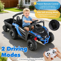 12V Kids Ride On UTV with Detachable Trailer, Dual 25W Motors, 2 Shock Absorbers and Parent Remote, 66 lb Limit, Black and Blue