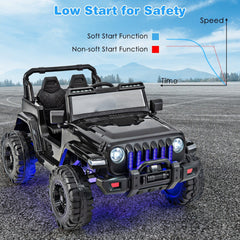 12V Kids 2 Seater Ride On Truck with Soft Start, 2.4G Remote, 3 Speeds and Wireless Music, 77 lb, Solid Black