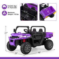 12V 2 Seater Kids Ride On Dump Truck with Electric Dump Bed, Shovel, Parental Remote and 2 x 35W Motors, Purple