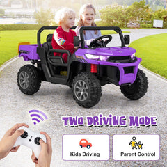 12V 2 Seater Kids Ride On Dump Truck with Electric Dump Bed, Shovel, Parental Remote and 2 x 35W Motors, Purple