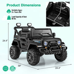 12V Kids Ride On Truck with Adjustable Belt, Parent Remote, Emergency Brake and All Terrain Wheels, 66 lb, Black