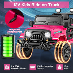 12V Kids Ride On Truck with Integrated Charging Port, 2 x 35W Motors and 3 Speed Remote, 66 lb, Pink