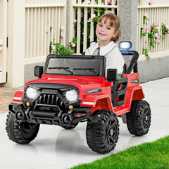 12V Kids Ride On Truck with Roof Searchlights, LED Headlights, 3 Speed Remote and Wireless Music, 66 lb, Red