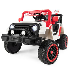 12V Kids Ride On Truck with Slow Start and Stop, Adjustable Harness, USB, AUX and 3 Speed Remote, 66 lb, Red Trim
