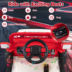 12V Kids Ride On Truck with Slow Start and Stop, Adjustable Harness, USB, AUX and 3 Speed Remote, 66 lb, Red Trim