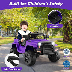 12V Kids Ride On Truck with 98 ft Range Parent Remote, 3 Speeds, Seat Belt, Door Locks and Spring Suspension, 66 lb, Purple