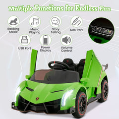 12V Licensed Lamborghini 4WD Kids Ride On Sports Car with Hydraulic Scissor Doors and 2.4G Remote, 66 lb, Green