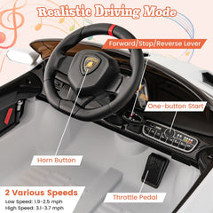 12V Licensed Lamborghini 4WD Kids Ride On Sports Car with Built In Transport Wheels and 2.4G Remote, 66 lb, White