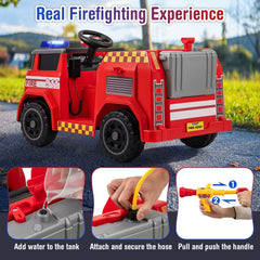 12V Kids Ride On Fire Truck with Water Tank and Gun, Shovel, Wrench, Siren and Parent Remote, 34 in, Red
