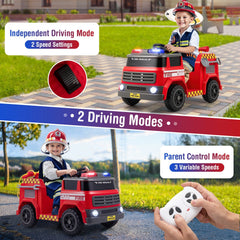 12V Kids Ride On Fire Truck with Water Tank and Gun, Shovel, Wrench, Siren and Parent Remote, 34 in, Red