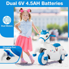 12V Kids Ride On Unicorn with Dual 6V Batteries, Two Motors, Horse Riding Mode and LED Power Display, 66 lb, Navy