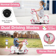 12V Kids Ride On Unicorn with Detachable Training Wheels, Horse Riding Mode, Handles and Footrests, 66 lb, Pink