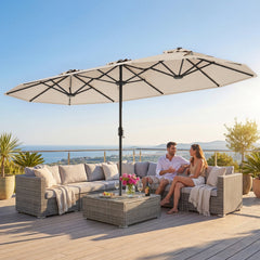 13FT Double-sided Patio Umbrella with Solar Lights for Garden Pool Backyard-Beige