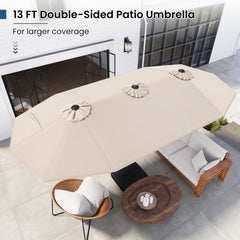 13FT Double-sided Patio Umbrella with Solar Lights for Garden Pool Backyard-Beige