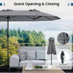 13FT Double-sided Patio Umbrella with Solar Lights for Garden Pool Backyard-Gray