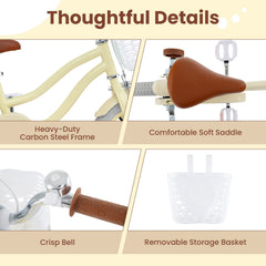 16 Inch Kids Bike Adjustable with Training Wheels and Basket, Cream
