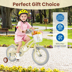 16 Inch Kids Bike Adjustable with Training Wheels and Basket, Cream