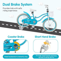 18 Inch Kids Bike with Dual Brakes, Kickstand and Adjustable Seat, Aqua Blue